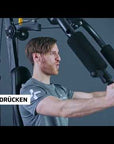 Multi-gym including weights with curl-up, butterfly &amp; lat pull bar